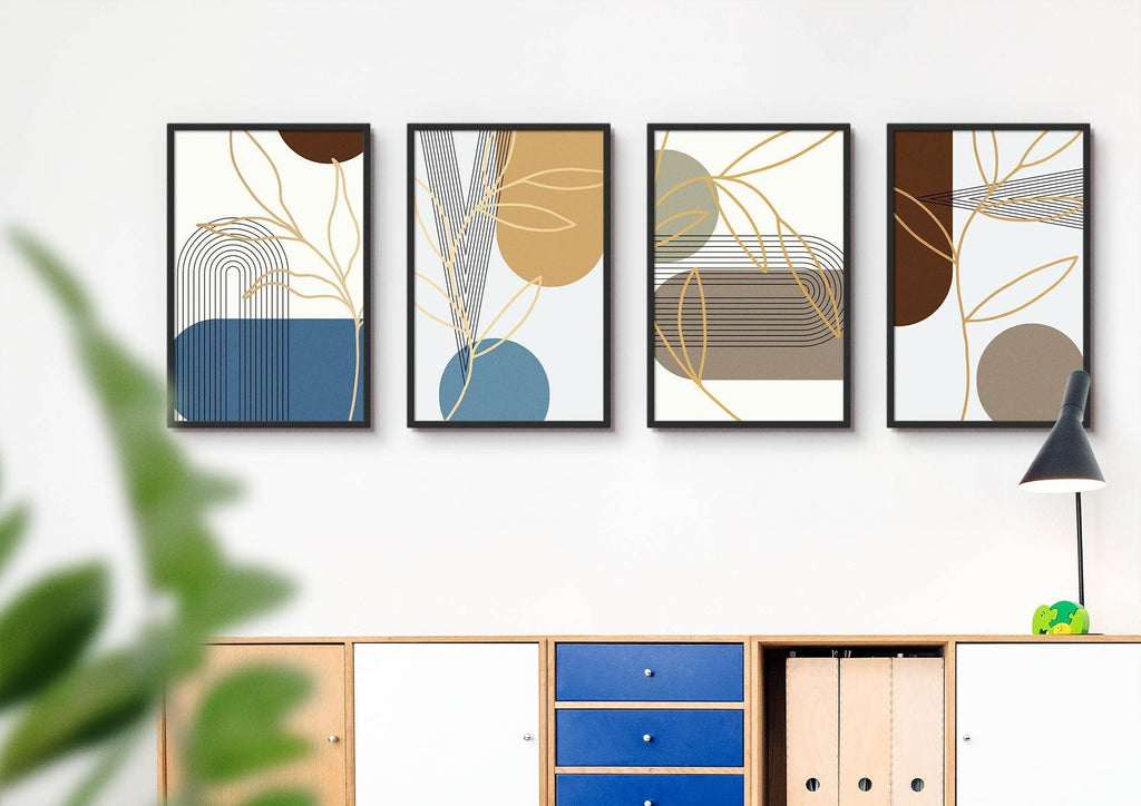 Four "Floral Abstract" prints by Wall Funk in black frames on a white wall above blue-drawered cabinet & desk lamp, in custom sizes.