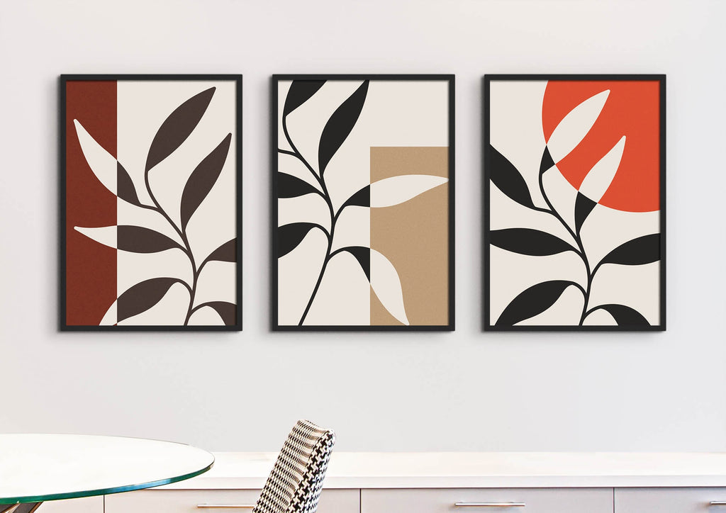 Wall Funk's Floral Abstract Wall Art features three floral prints with geometric backgrounds in red, black, and beige. Custom sizes available.