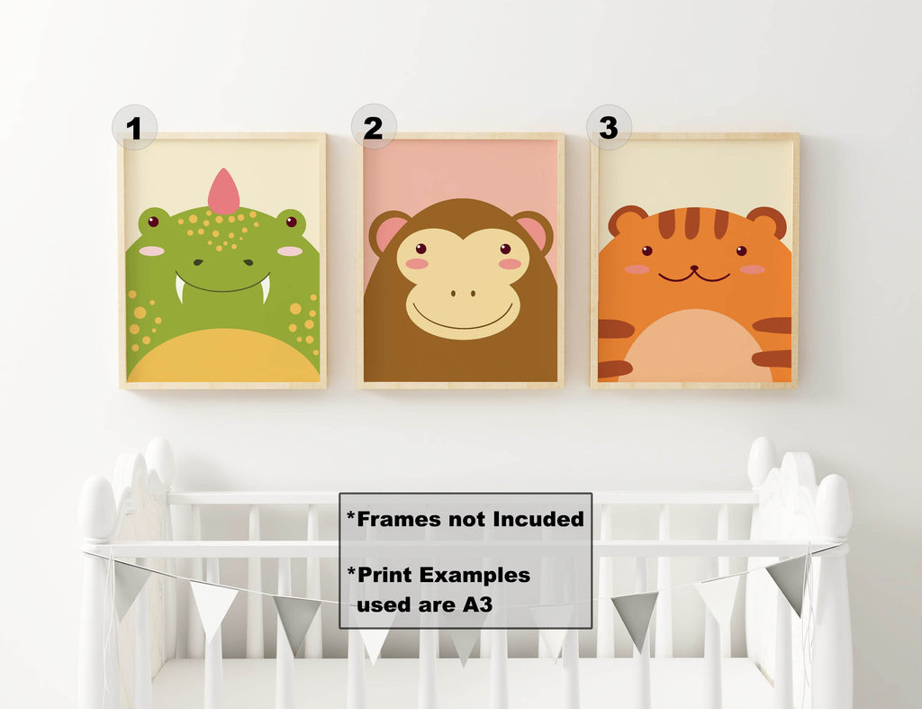 Three Wall Funk animal nursery prints—dinosaur, monkey, tiger—above a white crib with bunting. Frames not included. NP#102.