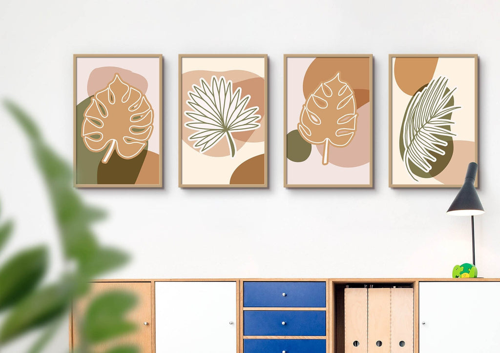 Four Floral Abstract Wall Art prints from Wall Funk sit above a modern shelf with cabinets, featuring earthy abstract designs.