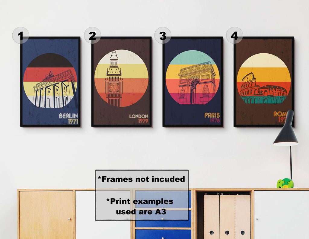 Four Wall Funk vintage retro 80's city posters: Berlin, London, Paris & Rome with iconic landmarks and display years.