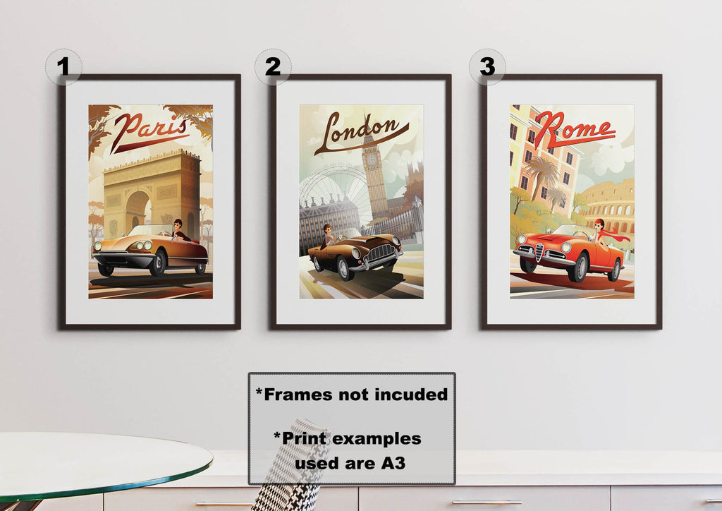 Wall Funk's TP#09 includes three A3 vintage travel prints of Paris, London, and Rome with classic cars; frames not included.