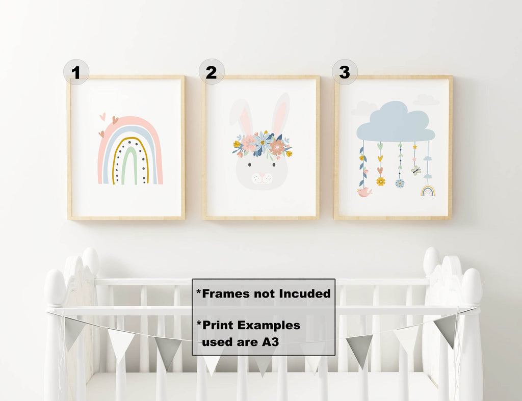 Three high-quality framed nursery prints: rainbow, floral bunny, and cloud with raindrops by Wall Funk. Product NP#44.