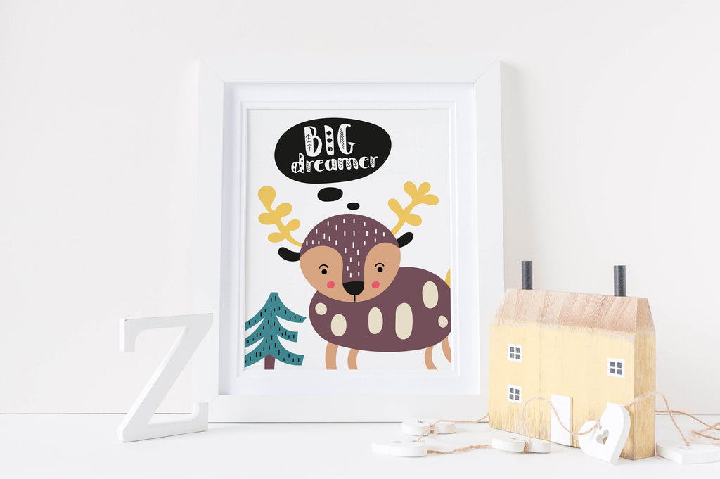 Wall Funk's Scandinavian Boho art print: a cartoon deer with antlers, "Big dreamer" text, a wooden house, and the letter "Z".