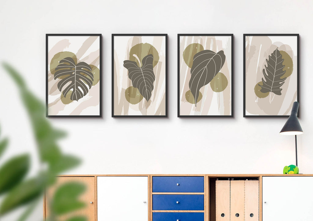 Four "Green Floral and Forna" prints by Wall Funk hang above a cabinet with a lamp and plant. Custom sizes available.