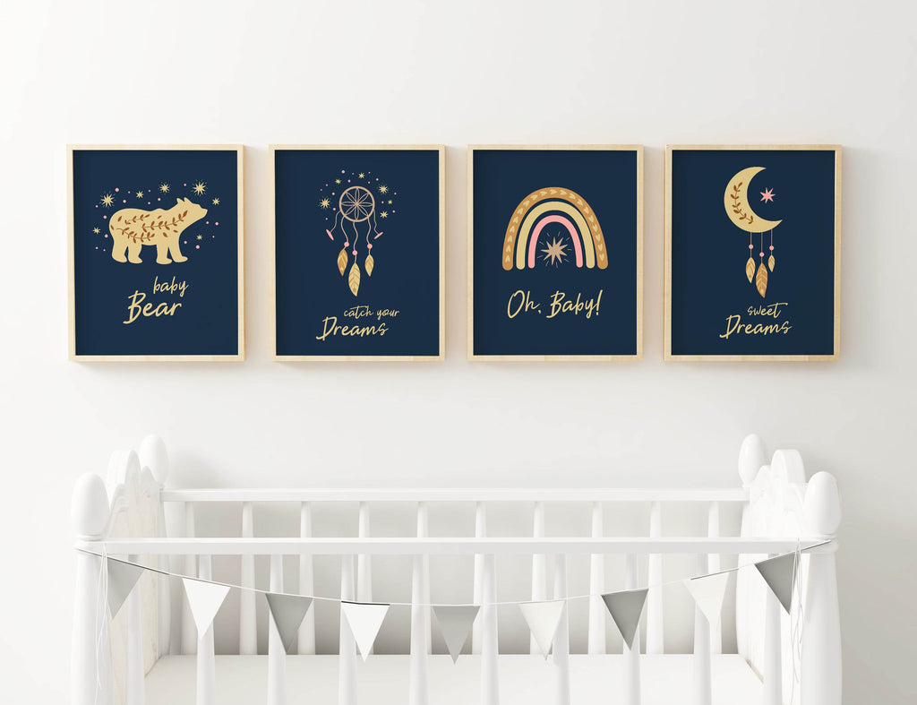 Explore the Boho Nursery Art Prints by Wall Funk, featuring four enchanting framed prints of a baby bear, a dreamcatcher, a rainbow, and the moon with stars. These adorable nursery wall art pieces are available in custom sizes and printed on high-quality card stock. They hang elegantly above a white crib decorated with bunting.