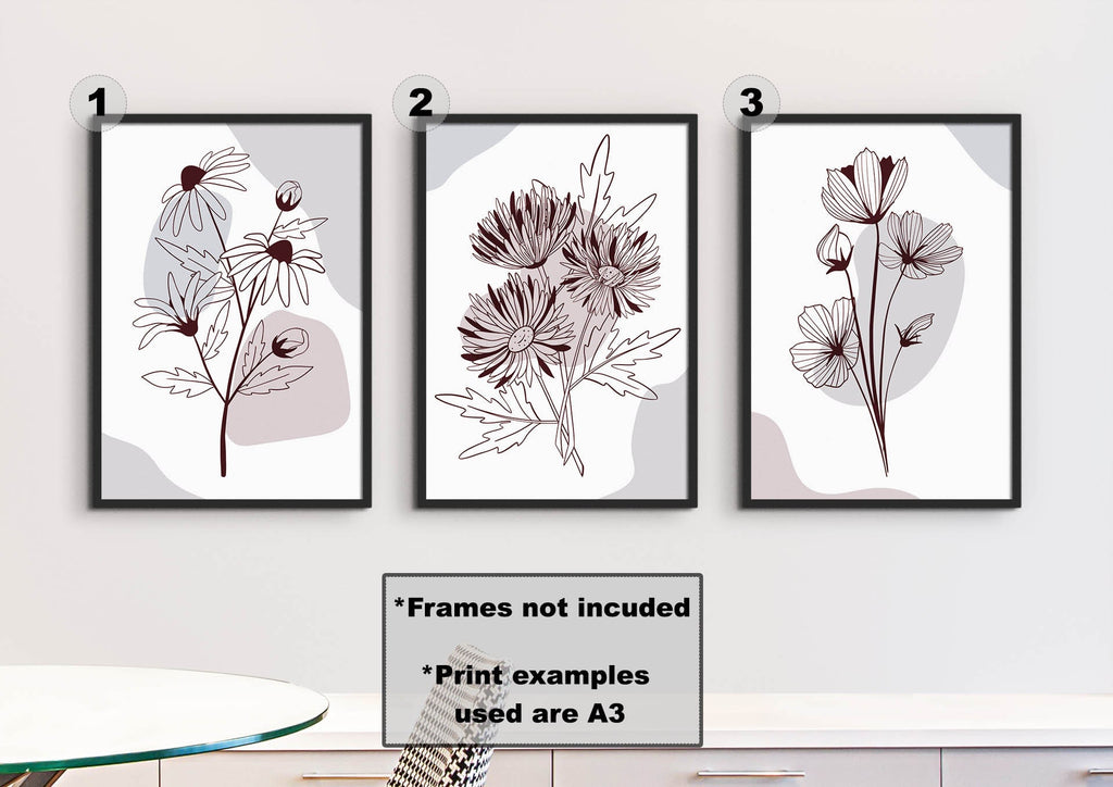 Floral Abstract Wall Art by Wall Funk: Set of 3 prints in black frames; numbered 1 to 3. 'Frames not included.' Custom sizes available.