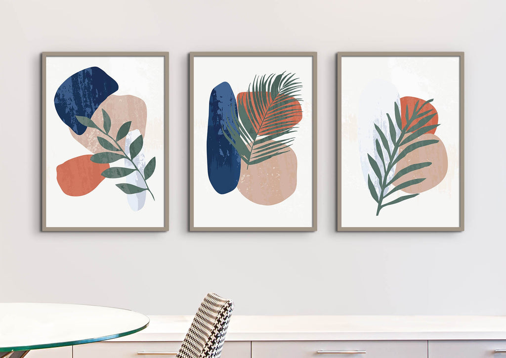 Wall Funk's Floral & Abstract Shapes Boho Wall Art Prints add elegance above a table and chair.