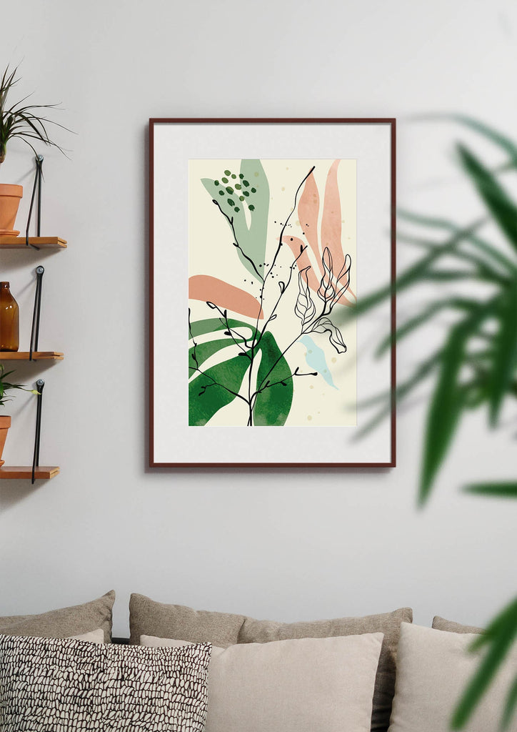 Floral Abstract Wall Art by Wall Funk: pastel floral prints next to plants and a beige couch, available in custom sizes.