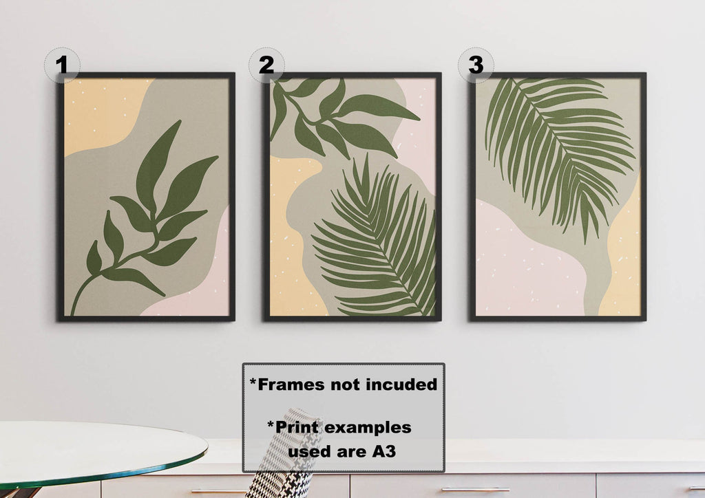 Floral Abstract Wall Art by Wall Funk: Three vibrant floral prints with green leaves on abstract backgrounds, available in custom sizes.