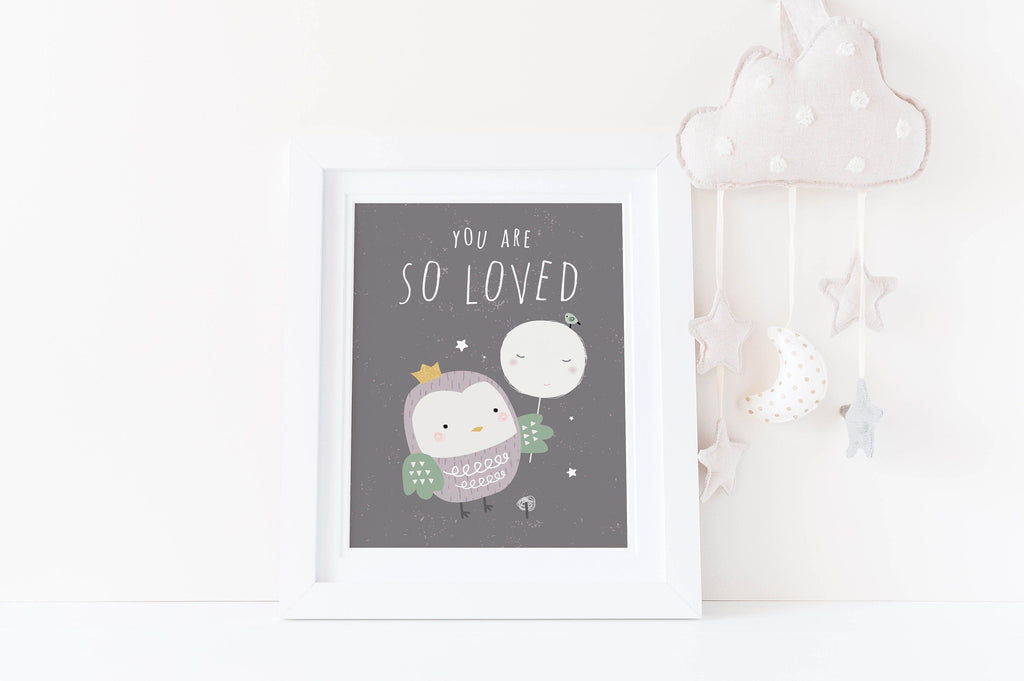 Wall Funk's Charming Boho Nursery Art: Cute character with a balloon and 'You Are So Loved,' plus a cloud mobile with stars.