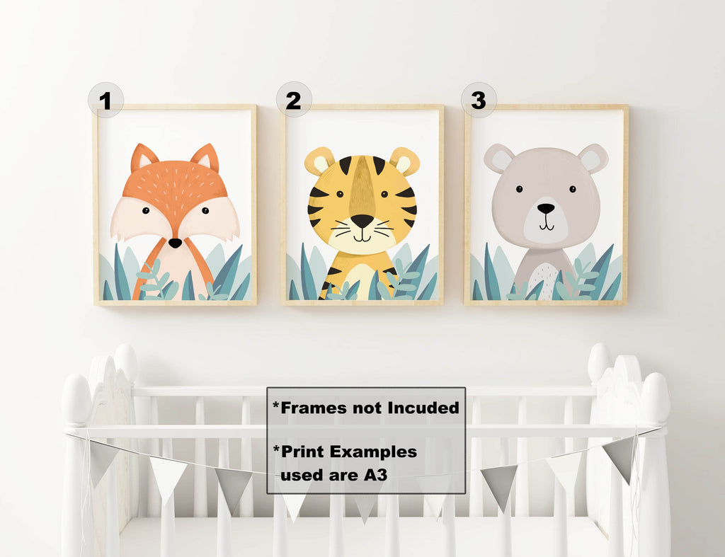 Three Wall Funk Wild Safari Prints above the crib: fox, tiger, bear. B&W bunting decorates the white crib.