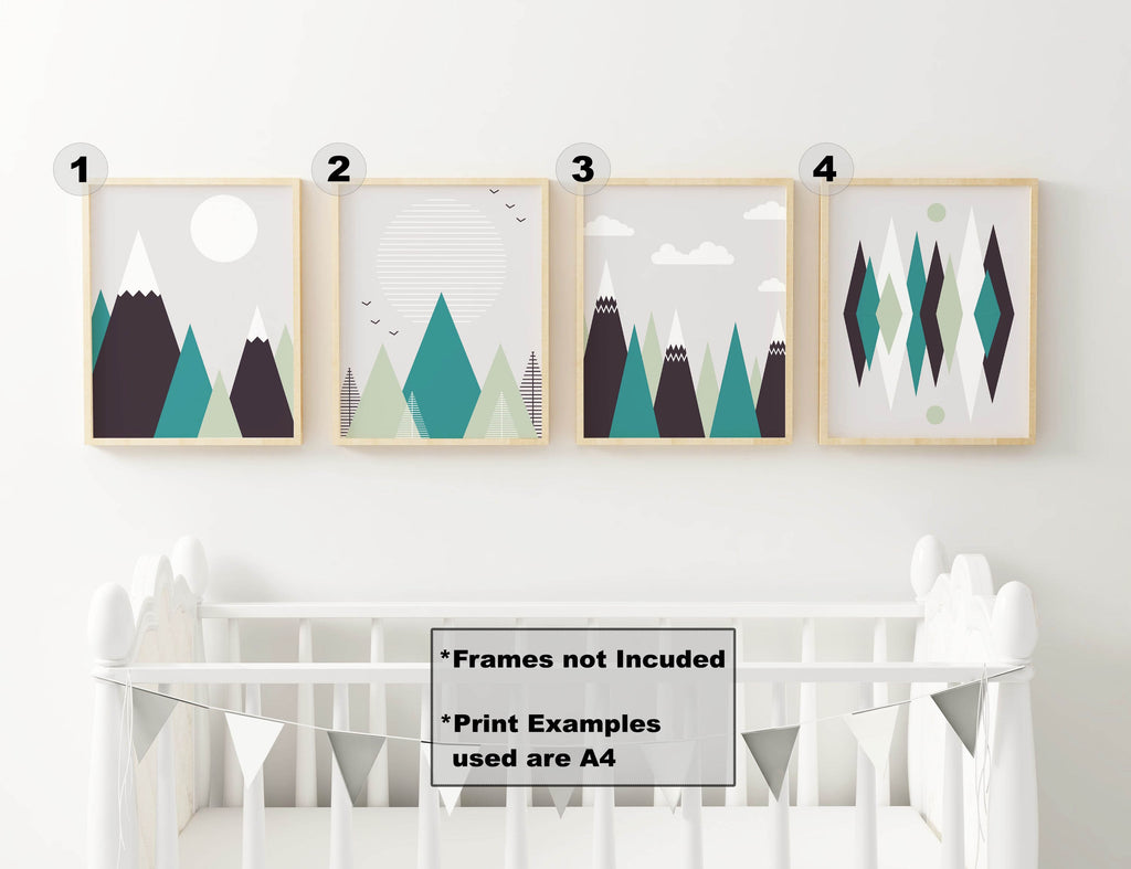 Wall Funk's Boho Mountain Forest prints set of 4, displayed above a crib without frames, A4 size, frames and bunting not included.