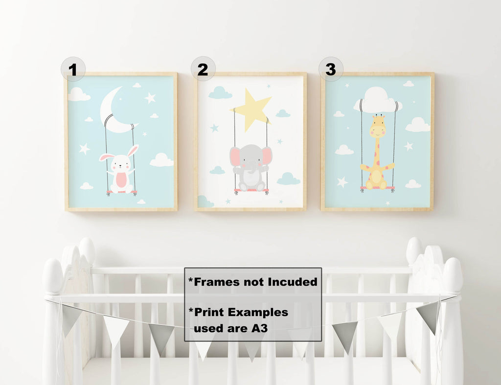 Decorate with Wall Funk's NP#23: rabbit, elephant, and giraffe nursery art prints in a pastel blue sky for your child's room.