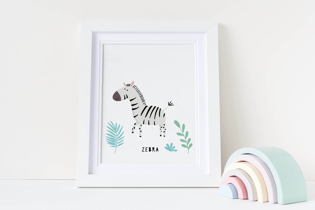 Wall Funk's Safari Nursery Art Print (NP#28): zebra with plants beside a pastel rainbow on white; custom sizes available.