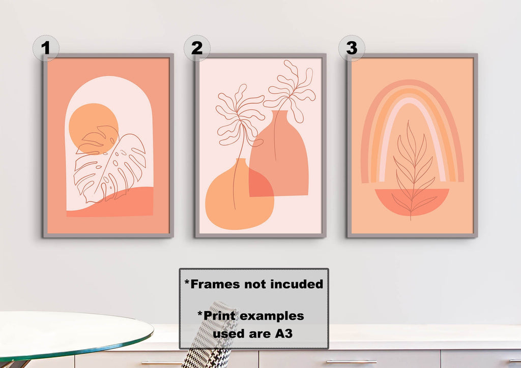 Floral Abstract Wall Art by Wall Funk: Set of 3 minimalist plant and geometric design prints in warm tones, custom sizes available.