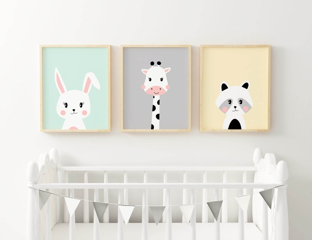 Three Wall Funk NP#19 framed animal prints (bunny, giraffe, raccoon) hang above a crib with a triangular bunting.