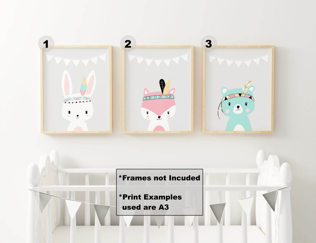 Three Safari Nursery Prints by Wall Funk: rabbit, fox, bear in feathered headbands above crib. Custom sizes available. NP#20.