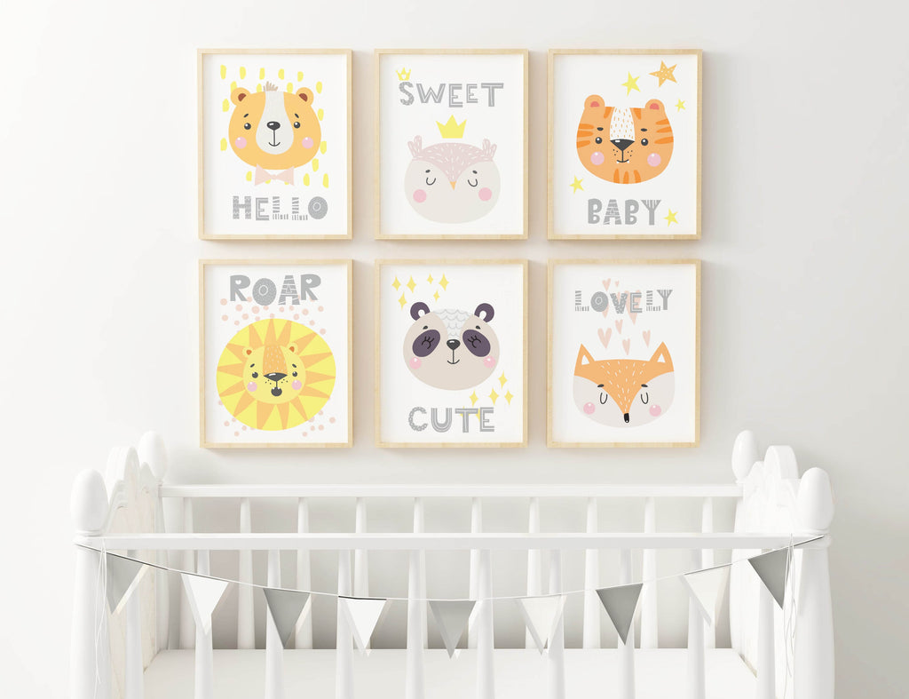 Safari Nursery Prints by Wall Funk: 6 adorable animal art prints above a crib with silver bunting. Custom sizes available. NP#87.