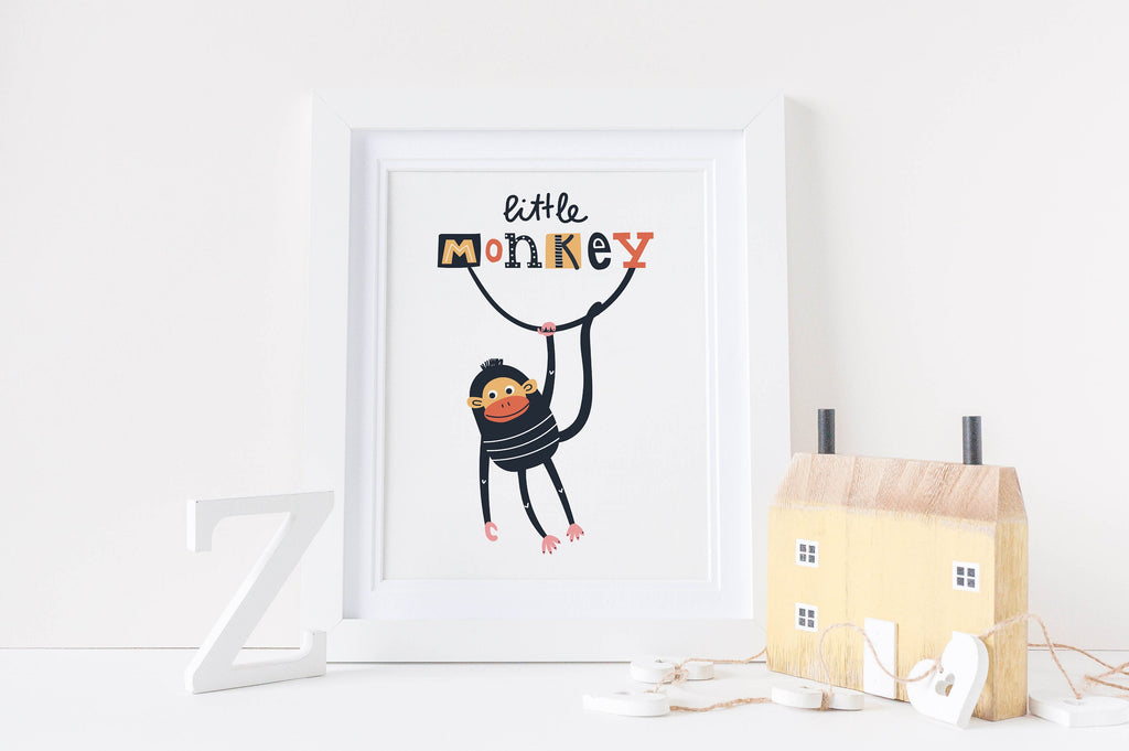 Wall Funk's nursery print features a playful monkey and "little monkey" text, plus a decorative "Z" and toy house.