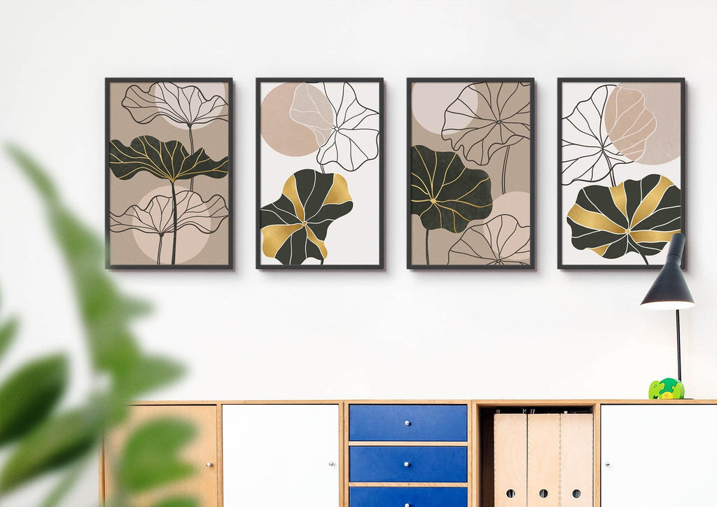 Floral Abstract Wall Art by Wall Funk decorates the wall above cabinets, paired with a green plant and a sleek black lamp.