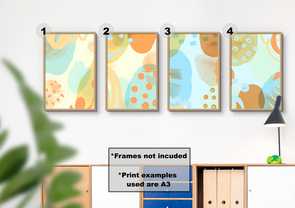 Four Wall Funk's Floral Abstract art prints, numbered 1-4, mounted on a white wall above a shelf. Frames not included.