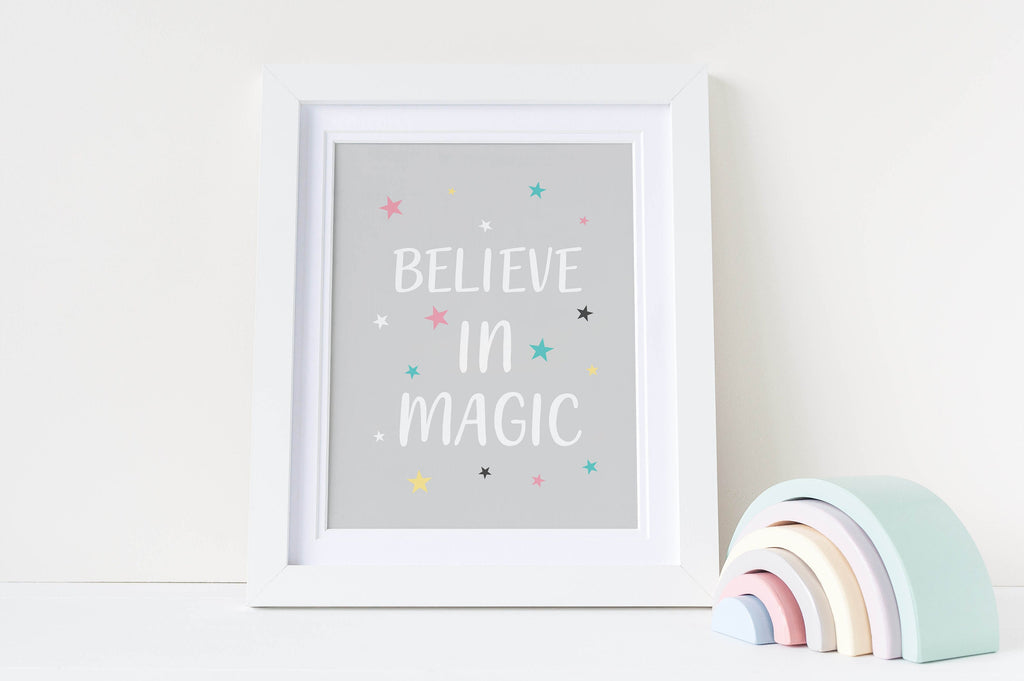 Wall Funk's "Believe in Magic" Unicorn Print with colorful stars—custom sizes, ideal nursery decor on high-quality card. NP#37.