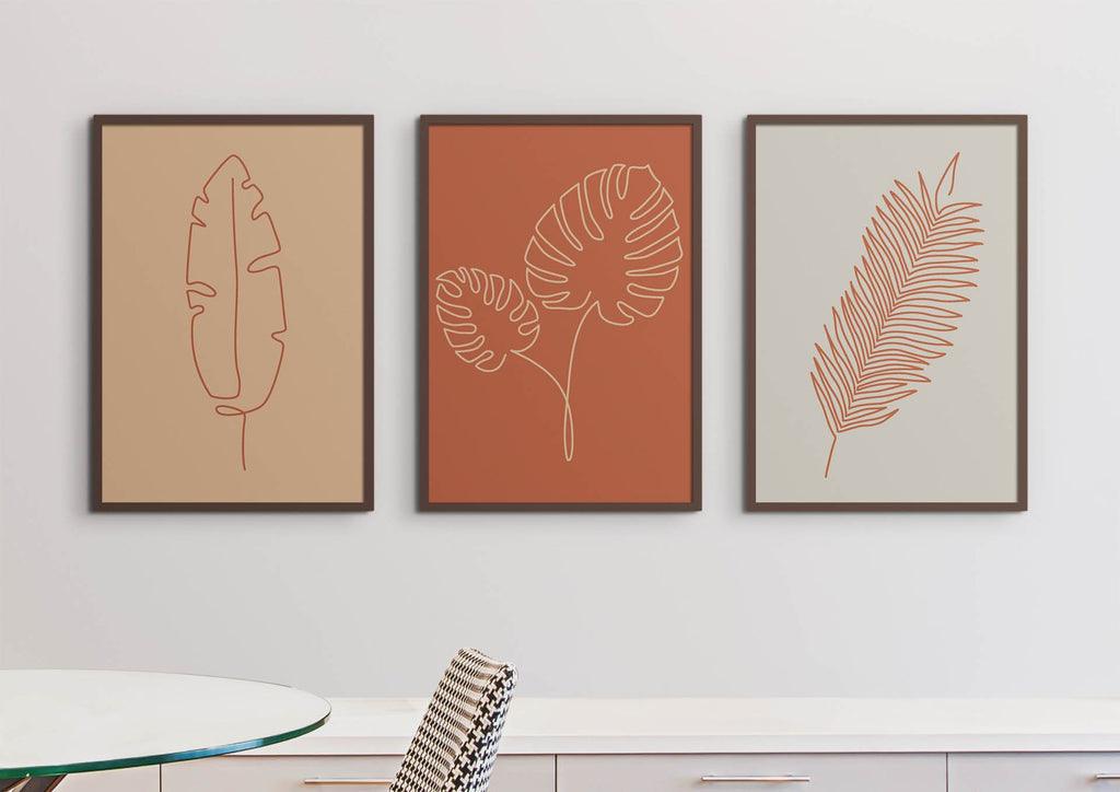 Floral Abstract Wall Art by Wall Funk features three framed prints of tropical leaves, customizable sizes on high-quality card.