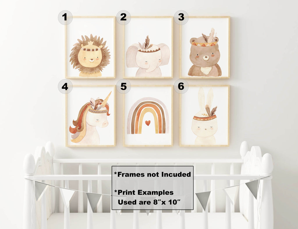 Wall Funk Safari Nursery Prints, NP#07: 8"x10" high-quality animal and boho prints adorn the wall above a crib. Frames not included.