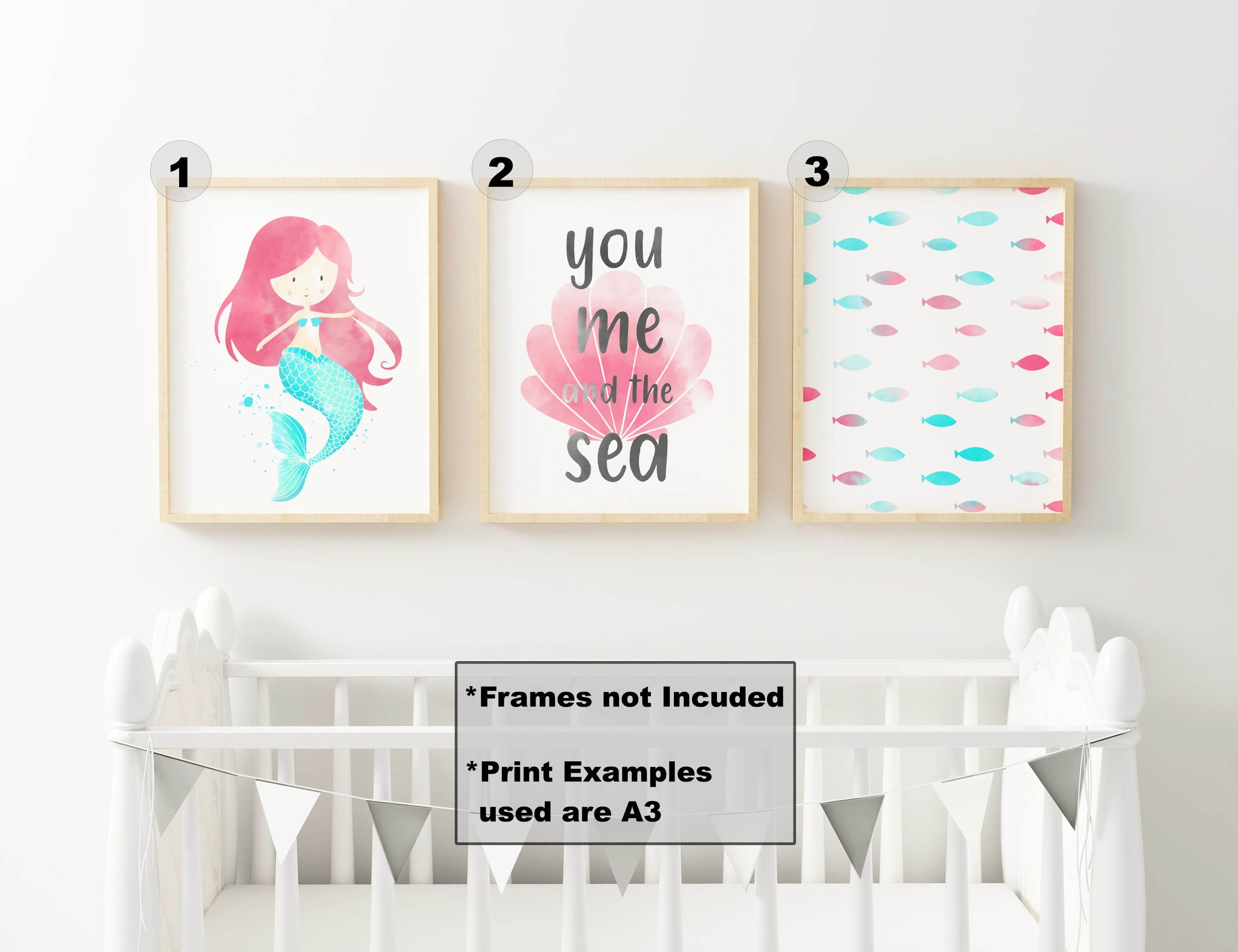 Cute Mermaid Nursery Wall Art Prints Coastal Inspired Ocean Decor for Children's Rooms