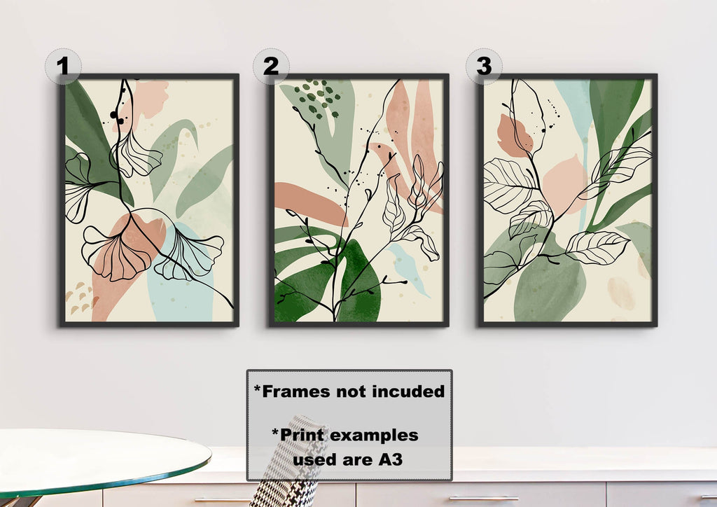 Floral Abstract Wall Art by Wall Funk: Set of 3 in green, beige, pink. Custom sizes. Frames not included. Display above a table.