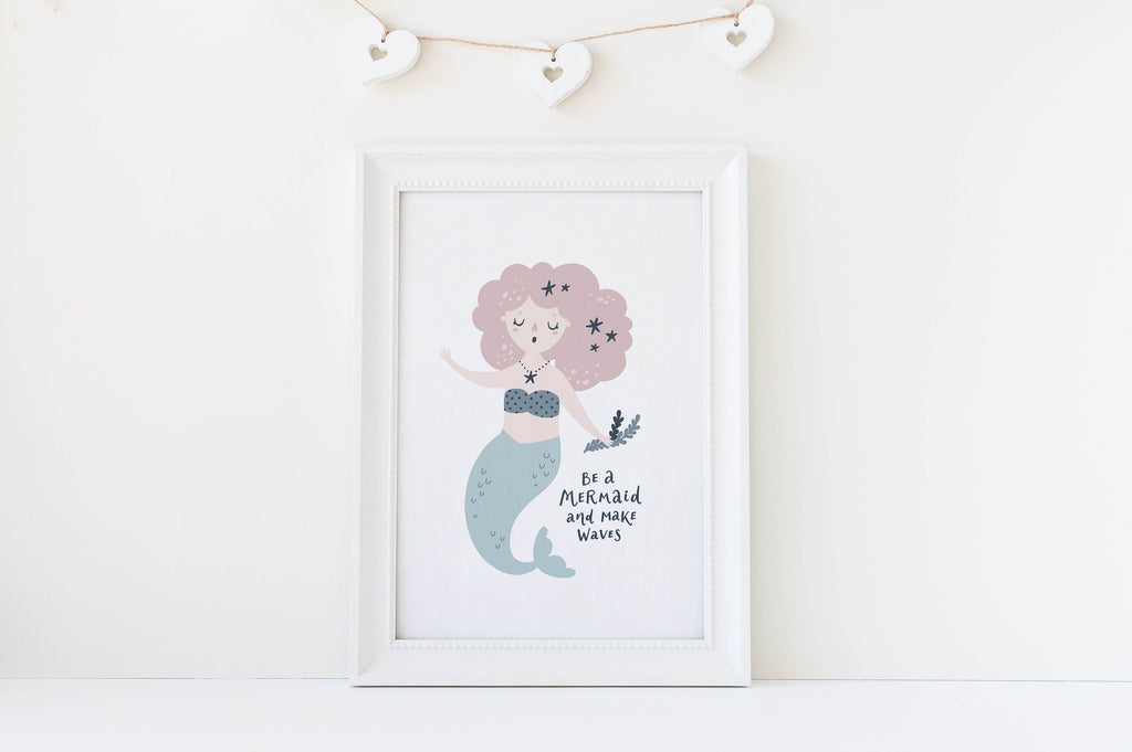 Framed Wall Funk art: Cute mermaid with pink hair, green tail, and "Be a mermaid and make waves" quote. Perfect for little dreamers!.