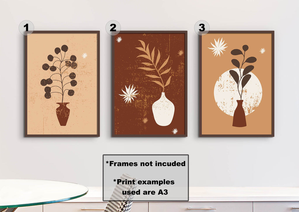 Wall Funk's Floral Abstract Wall Art features three minimalist plant illustrations in unique vases and foliage styles.