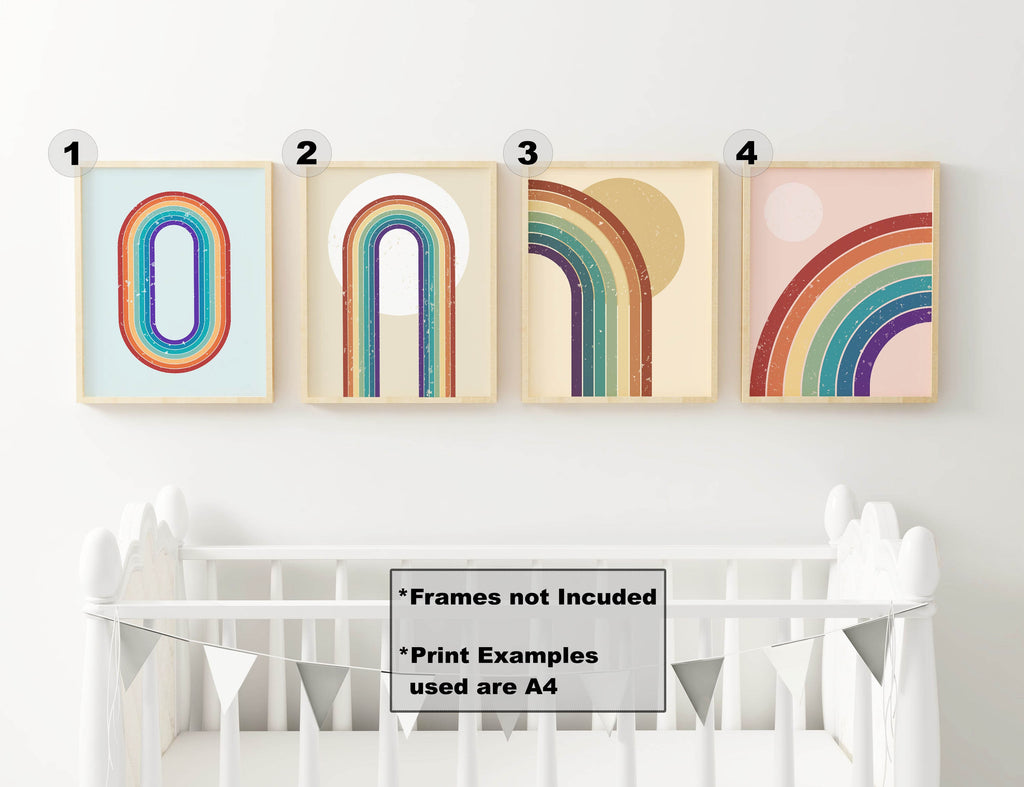 Wall Funk's Stylish Minimalist Rainbow Art Prints are displayed above a crib with bunting. Frames not included; shown in A4 size.