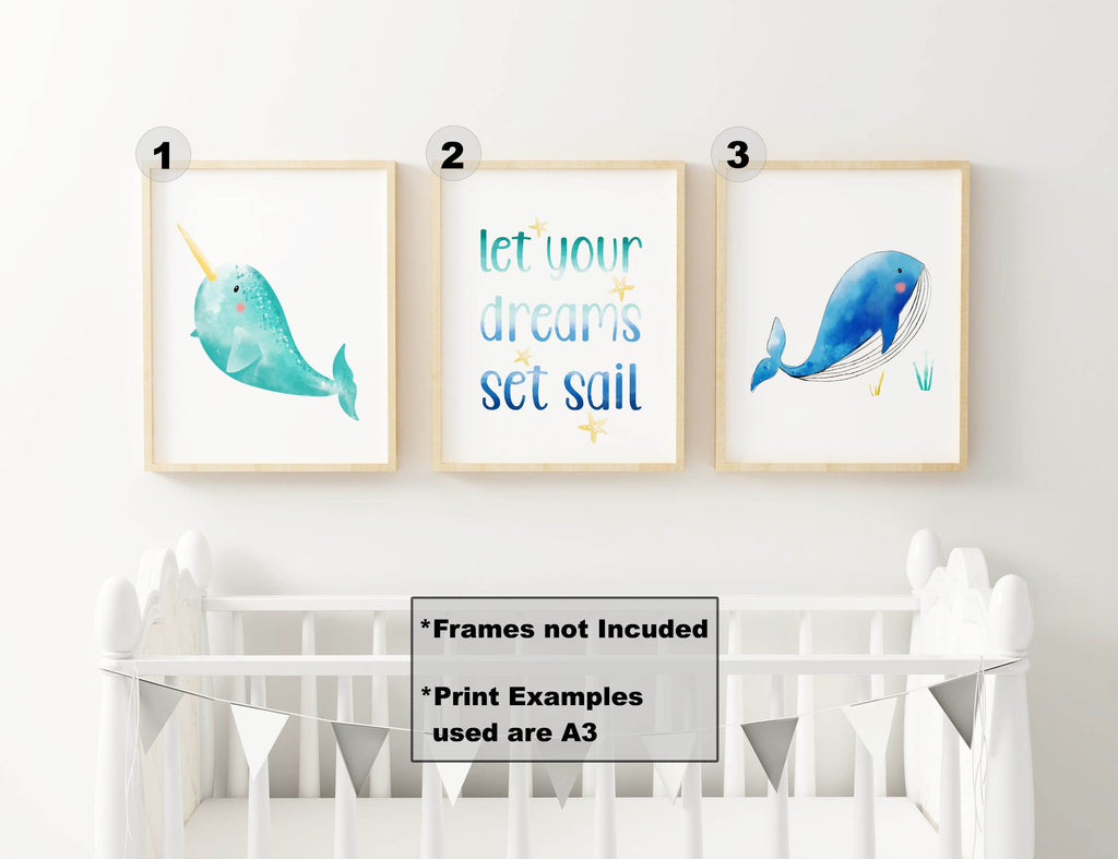 Wall Funk's Cute Watercolour Children's Ocean Prints: narwhal, inspiring quotes, and whale design above a white crib. Frames not included.