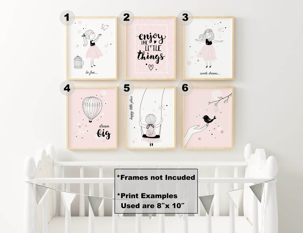 Wall Funk's Charming Boho Nursery Art Prints set for a whimsical room, features uplifting quotes & illustrations. Frames not included.