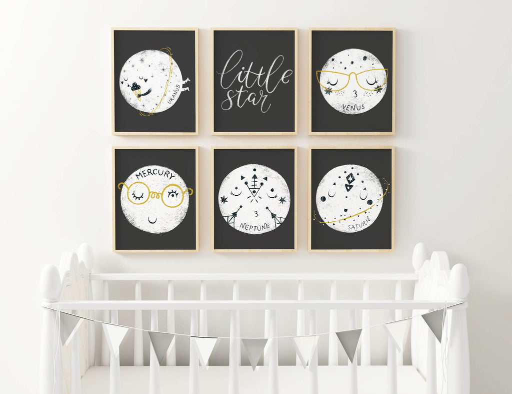 Moon-themed nursery wall features six unique-faced planets named "Cute Boho Celestial" by Wall Funk, with a central "little star.