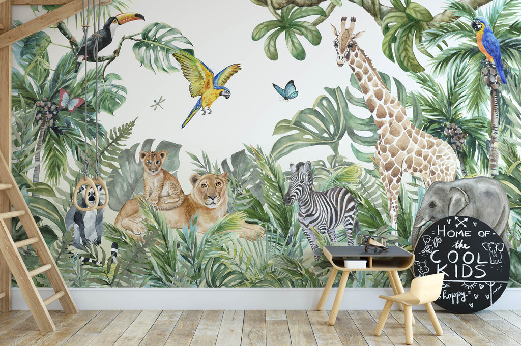 Wall mural mock-up featuring lions, a zebra, elephant, giraffe, and tropical birds in a kid's bedroom