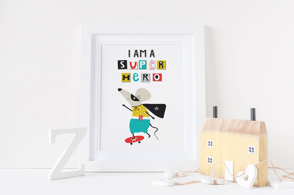 Wall Funk's NP#90: A framed kids' print of a mouse superhero on a white shelf with "I AM A SUPER HERO" text, ideal for nurseries.