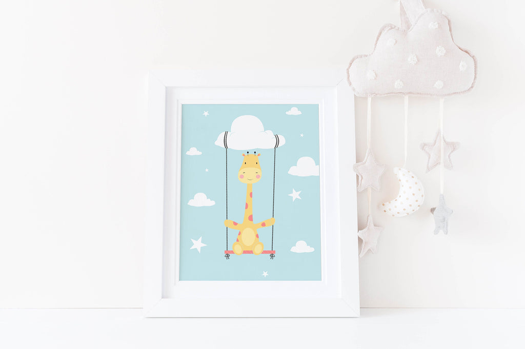 Wall Funk's NP#23: High-quality framed card of a giraffe on a swing with clouds and stars, ideal for nursery animal prints.