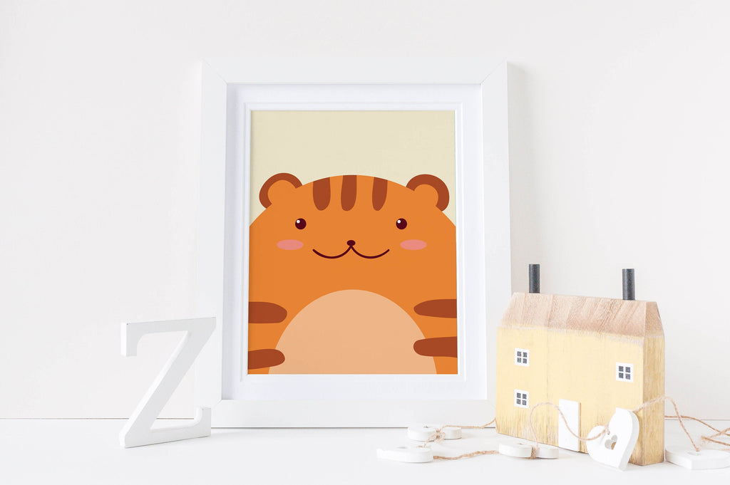 A Wall Funk nursery art print featuring a cute tiger rests on a shelf with a wooden house model and a "Z" decoration.