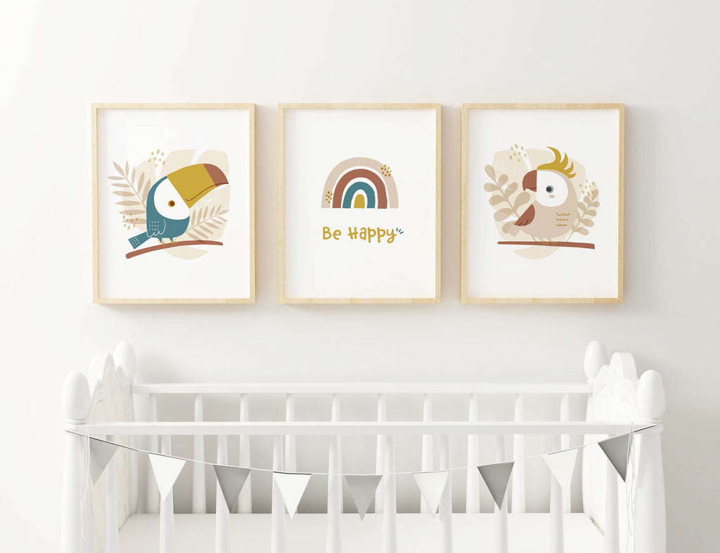 Three Wall Funk nursery prints—birds, a rainbow, and "Be Happy"—hang above a white crib with triangle bunting. NP#47.