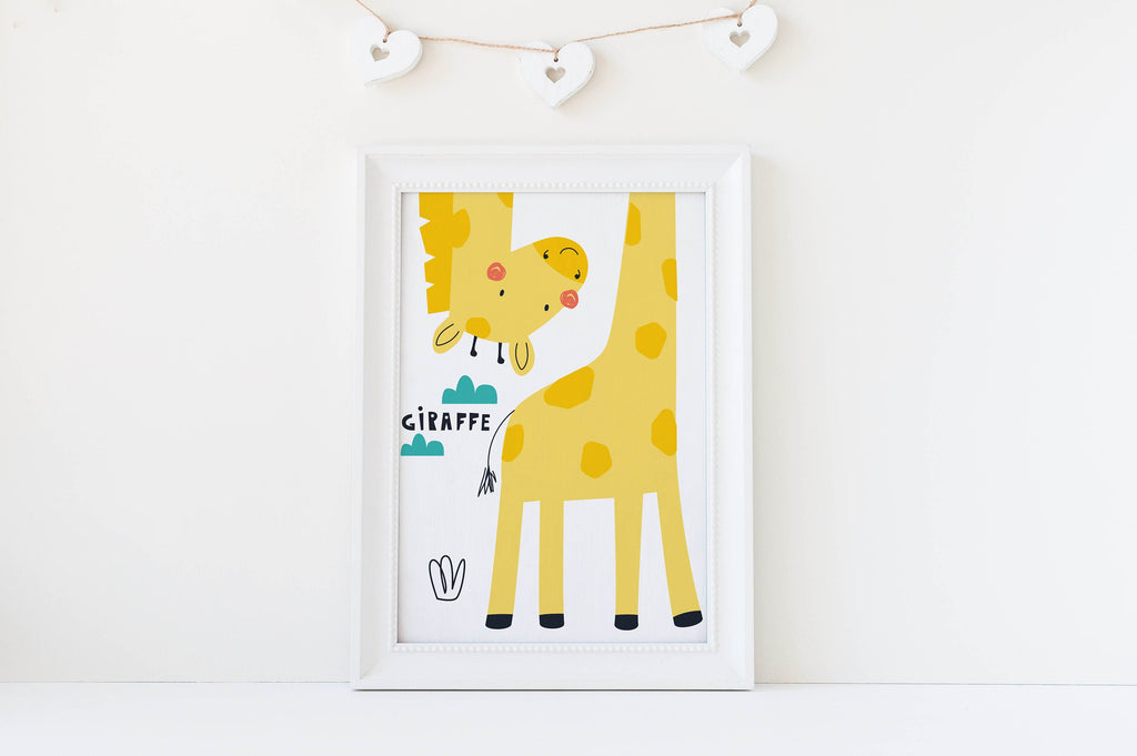 Children's Yellow Safari Animals Wall Art by Wall Funk features a cartoon giraffe on a white wall with heart-shaped decor.