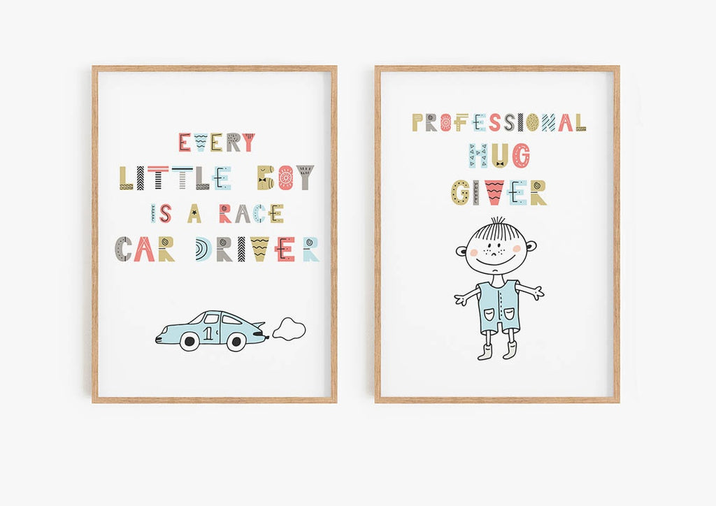 Wall Funk's A4 nursery prints: "Every little boy is a race car driver" with a car & "Professional hug giver" featuring a boy.