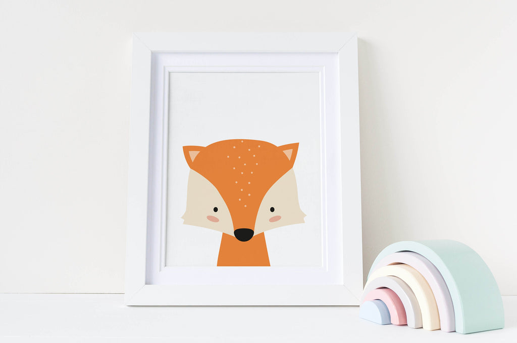 A framed cute fox illustration and pastel wooden rainbow add charm in the Safari NP#09 Animal Nursery Art by Wall Funk.