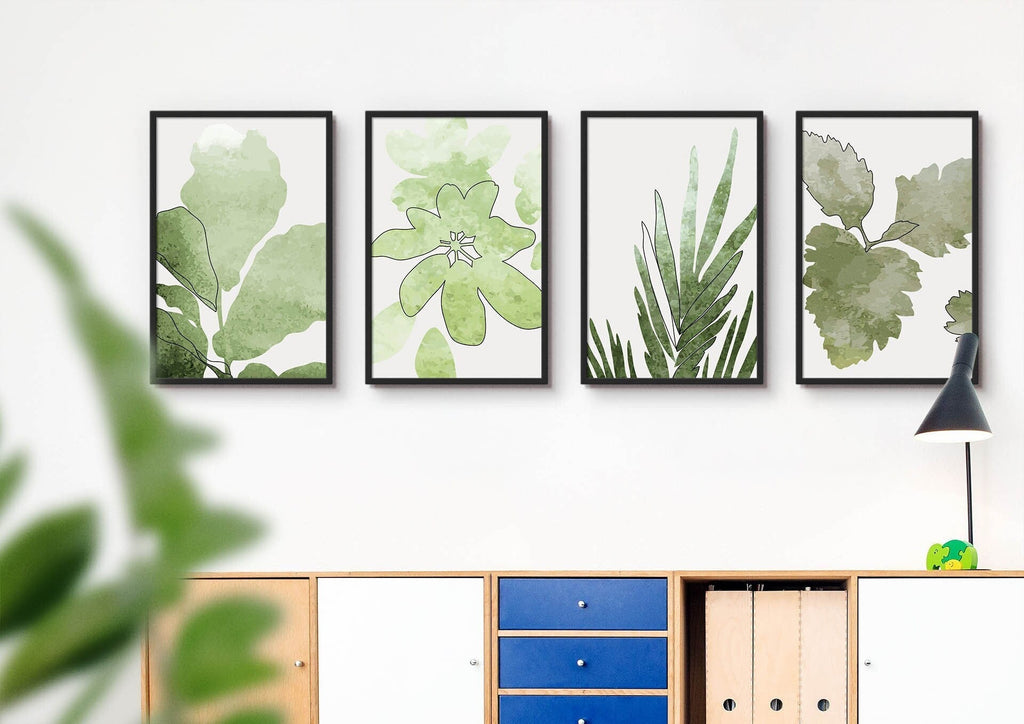 Wall Funk's Floral Abstract Wall Art, in green hues, includes four framed prints above a shelf with books and a desk lamp on high-quality card.