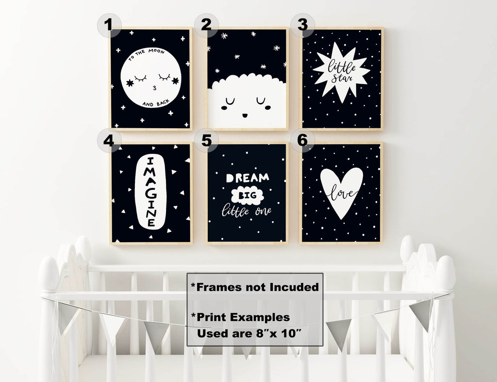 Six Wall Funk framed designs above a crib: "to the moon and back," "little star," "imagine," and "dream big.