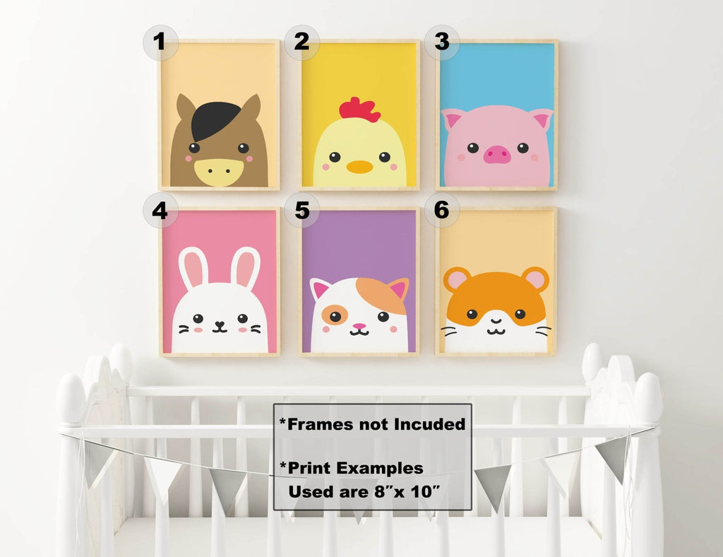 Wall Funk's Charming Farmyard Animal Prints: horse, chick, pig, rabbit, cat, hamster on quality card. Frames not included; custom sizes.