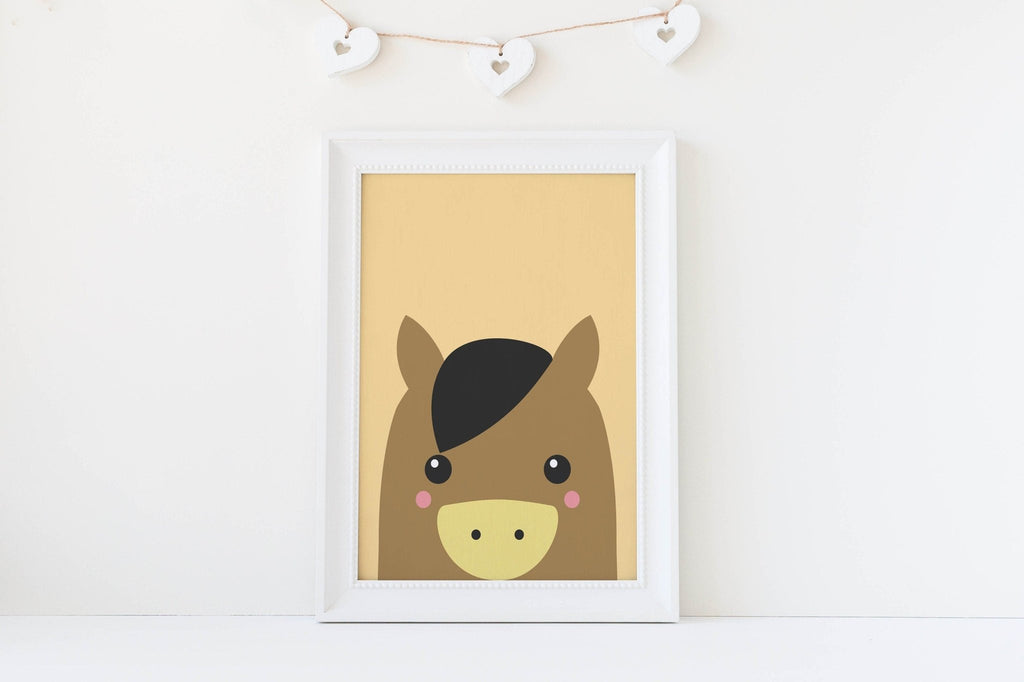 Wall Funk's Charming Farmyard Animal Art Print: Cute horse with brown face & black mane in a white frame, perfect for nurseries.