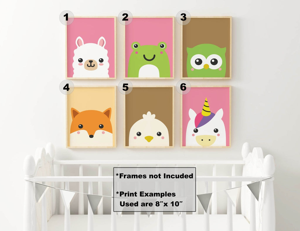 Six Wall Funk animal prints—llama, frog, unicorn, owl, fox, chicken—create a charming nursery above a crib. Frames not included.